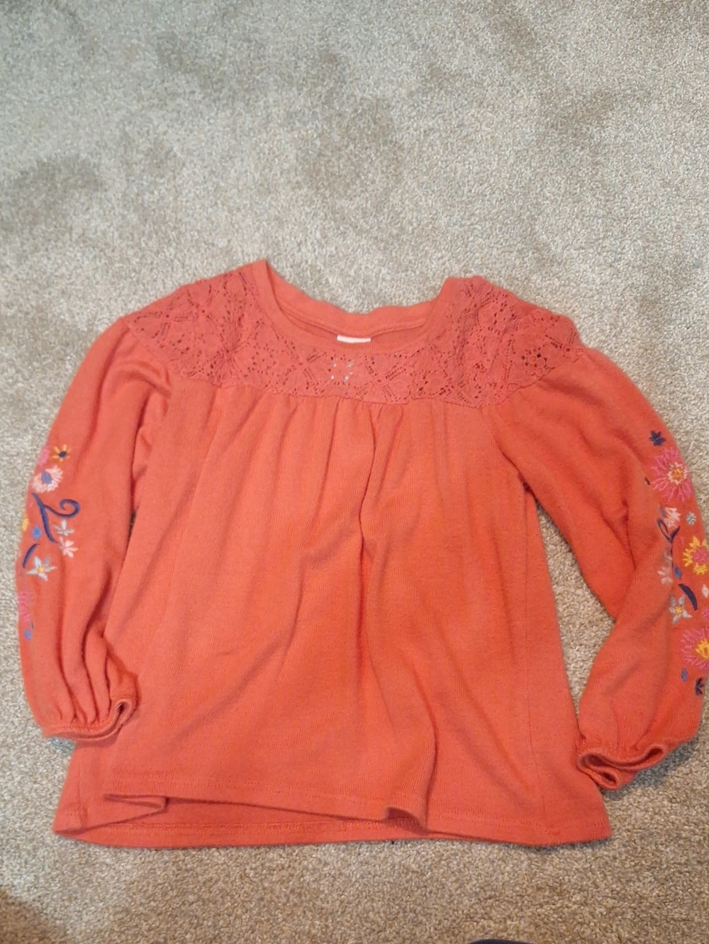 Kids Coral Lace Yoke Embroidered Sleeve Top